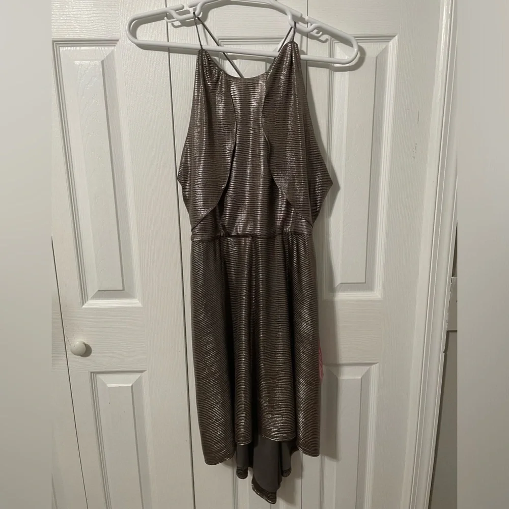 Halston Women’s Hi low Drape Metallic Gunmetal Racer back Midi dress size 8 - Picture 9 of 16